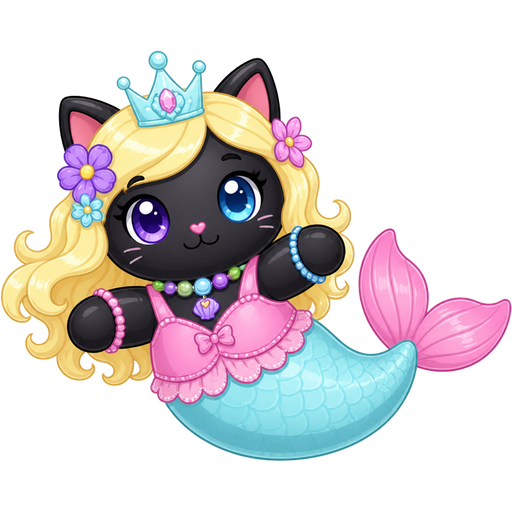 rubber pooltoy black cat with light yellow hair purple and blue flowers light cyan crown purple and green necklace pink and blue bracelets pink dress attached to long light cyan mermaid tail with pink tail fins