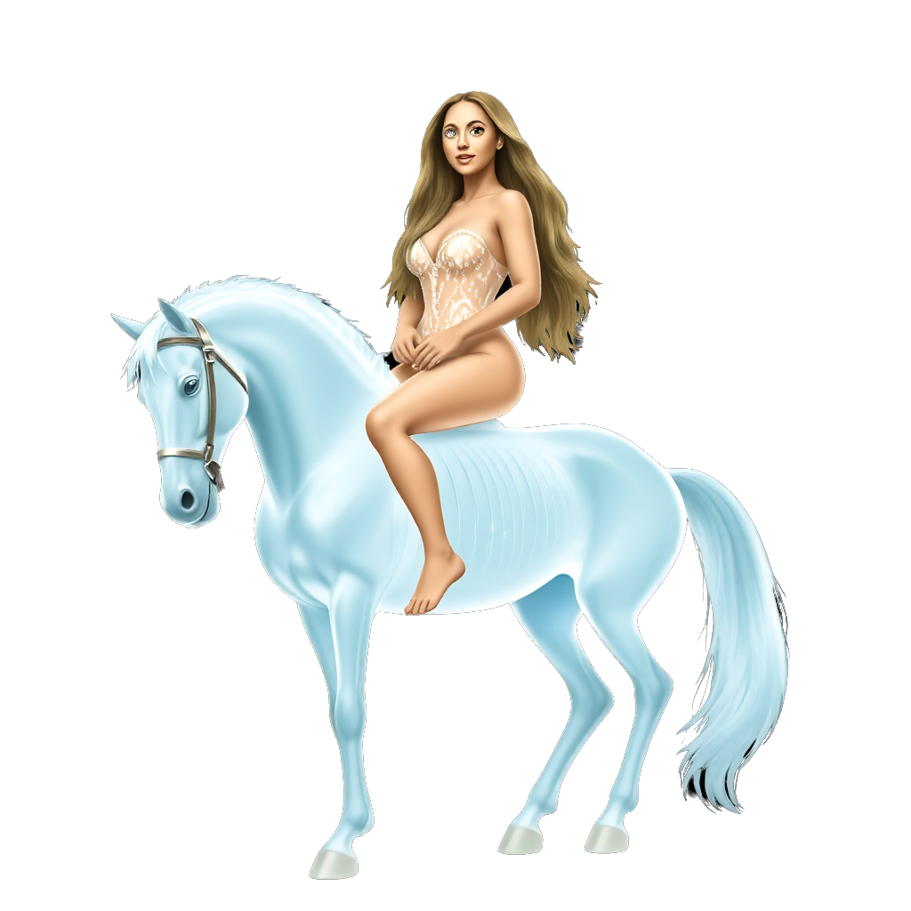 Beyoncé’s seated astride a translucent, glowing horse. The horse and Beyoncé’s rendered in a way suggesting a digital or CGI creation. The horse appears almost ethereal, its skeletal structure visible beneath a glowing, translucent body. Beyoncé’s positioned centrally on the horse's back, her body features delineated, though also obscured by light effects. Her hair’s a light brown, flowing down her back. She wears a barely-there, shimmering, and what seems to be a jeweled, or decorated outfit. The lighting emphasizes the glowing, translucent nature of the figures, creating a striking visual contrast between the radiant figures and the dark void.