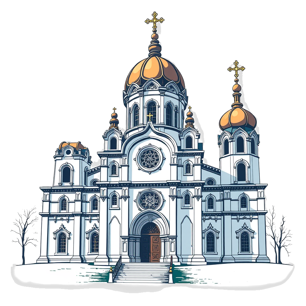 old retro comic art style of Baroque Gothic Ukrainian Orthodox Church ✝︎⛪︎☦︎ (Kyiv Pechersk Lavra) on a white background