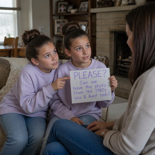 give me two 10 year-old twin daughter trying to recruit a photo from the 1980s that their mom and their aunt took since they were both twins