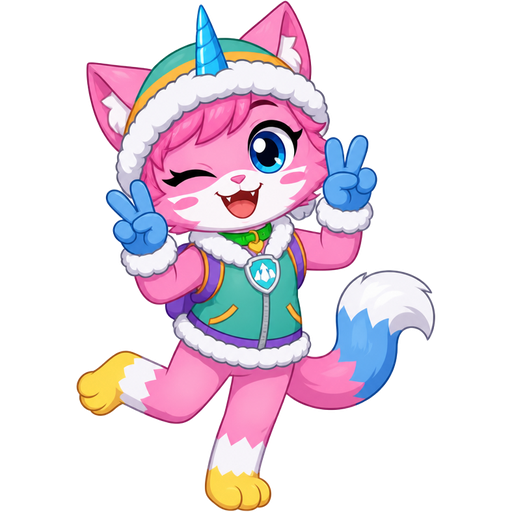 happy femboy anthro furry pink cat with blue and white tail white wrists blue hands white ankles yellow feet green collar blue unicorn horn based on unikitty wearing everest's hat and clothing