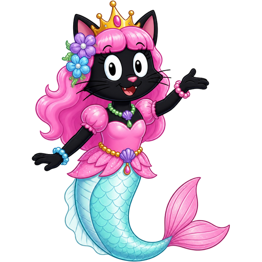 black cat with pink hair purple and blue flowers golden crown purple and green necklace pink and blue bracelets pink dress attached to long light cyan and white mermaid tail with pink fins based on princess mindy spongebob squarepants