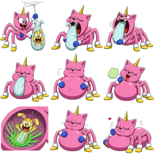 comic pink cat white wrists blue hands white ankles yellow feet unicorn horn drider wrapping yellow rabbit light cyan rabbit shaped cocoon hanged to the top pink cat white wrists blue hands white ankles yellow feet unicorn horn drider swallows a light cyan rabbit shaped cocoon whole pink cat white wrists blue hands white ankles yellow feet unicorn horn drider gulps down rabbit shaped cocoon pink cat white wrists blue hands white ankles yellow feet unicorn horn drider burps pink cat white wrists blue hands white ankles yellow feet unicorn horn drider relaxing purring happily
webbed cocooned yellow rabbit screaming in a stomach with green slime with the sonic x style