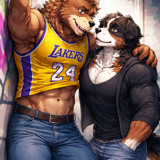 A Full BODY and FACE of a Buff and Pecs and Biceps that Pop out of his Shirt and a Bara Furry Grizzly Bear with brown eyes with a wrestler type body. Wearing a Lakers Jersey that is short around the waist and Jeans. Talking to his Boyfriend that is a Bara anime Bernese Mountain Dog. Leaning over his Boyfriend. On a Wall