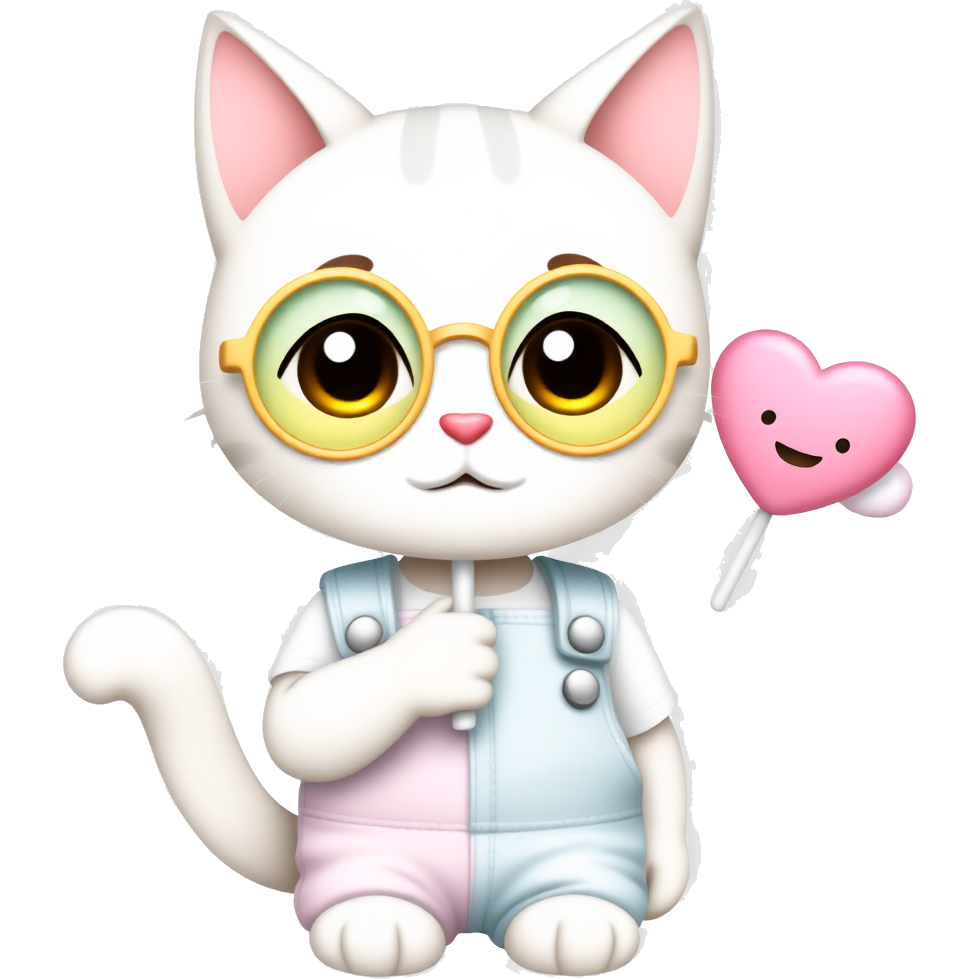 Kawaii cat girl wearing pastel-colored overalls adorned with tiny paw prints, oversized round glasses with sparkles, and fluffy cat ears that twitch in excitement. She's holding a giant, heart-shaped lollipop and surrounded by floating, glittering stars and smiling pastel clouds, embodying pure cuteness!