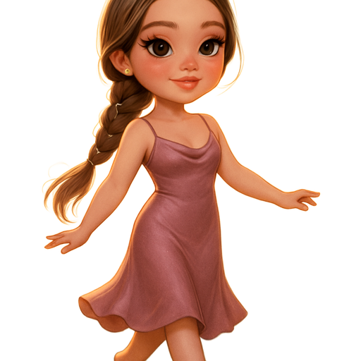 semi-realistic soft cartoon luxury glam, mini plush Bratz-doll aesthetic, cinematic glow, crisp clean detail, glossy glam skin. brown eyed Petite girl, fair skin with soft freckles, wide face with tall forehead, honey-brown almond wide-set upturned eyes, fluttery lashes, shimmer highlight, plush lips, bottom heavy lip, sweet Belle-princess vibe, long straight brunette hair with visible light blonde highlights, softly defined feminine body, soft hourglass shape with full round bust, Dusty mauve cowl neck slip dress, barely-there straps, draped bias cut hugging the hips. Barefoot in wet grass, makeup soft and glowy with dewy cheeks and rose-tinted gloss. Hair in low braided ponytail with tiny pearl pins woven through, twirling barefoot in the field at golden hour. Cozy romantic glow, soft warm lighting, pop-princess energy
