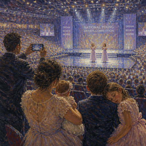 give me a mom holding her baby while the Dad is recording. The five-year-old daughter is sleeping on the six-year-old brother shoulder and the family is watching their 10 year-old twin daughters do a duet together and the and it’s a big big big big big competition area