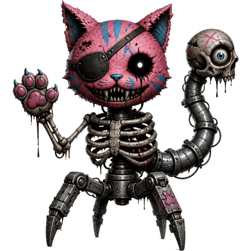 a creature with pink cat head with blue markings and eyepatch on a metal pipe a skull with an eye on metal pipe tail with a ribcage with three robot legs and pink paw on skeleton arm