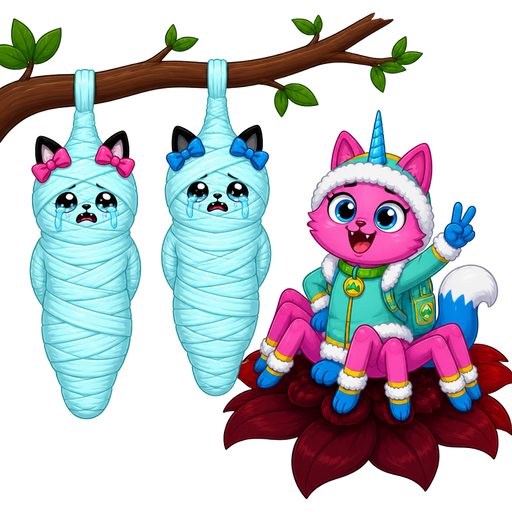 wrapped up and mummified fully covered in a #B8FFFF spider slik cocoon shaped like anthro black cat female anthro two pink hair bows whimpering teary eyes with arms behind back with #B8FFFF spider slik wrappings completely covered with thick layers non-transparent #B8FFFF spider slik wrappings hanged to the branch on the left side next to wrapped up and mummified fully covered in a #B8FFFF spider slik cocoon shaped like anthro black cat girl female anthro with 2 blue hair bows whimpering teary eyes arms behind back with #B8FFFF spider slik wrappings completely covered with thick layers non-transparent #B8FFFF spider slik wrappings hanged to the branch on the the right side next to happy pink cat anthro furry boy drider with blue and white tail white wrists blue hands white ankles yellow socks green collar blue unicorn horn based on unikitty wearing everest's hat and everest's clothing with everest's backpack doing victory sign sitting on a dark red flower