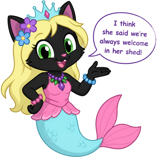black cat with light yellow hair purple and blue flowers light cyan crown purple and green necklace pink and blue bracelets pink dress attached to long light cyan mermaid tail with pink tail fins based on spike (pony.mov) i think she said we're always welcome in her shed