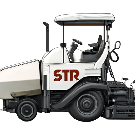 White Asphaltfertiger from the side with white Colour and STR in red letters on the side of the machine