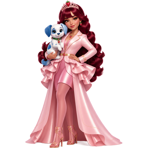 Princess Strawberry Rose with a Fair-Light Neutral Olive Beige Skin Tone and a Prominent Lower Lip Shape with a Shimmery Copper Glow Lipstick and the Noelle Eyelashes with a Burnt Orange Eyeshadow and Gold at the Corner of her Eyes with a Arched Eyebrow and a Protruding Eye Shape with a Rectangular Face Shape and Maroon Ultra-Voluminous Butterfly Layered Hairstyle Including Bangs Wearing a Light Pink Elegant Solid Crest Shaped Tiara With a Maroon Strawberry Printed on Top of it Wearing a Maroon Strawberry Necklace Wearing an Elegant Light Two-Layered Pink Formal Evening Long Robe Gown Dress Wearing a Pink Long Sleeve Peplum Blazer Jacket with big Circular Ruffles at the Bottom Of her Jacket and a Light Pink Lining With a Light Pink Collar with a Thin Yellow Belt Across it with Pink Tights Wearing Stiletto High-Heeled Sandals With Golden Flower Rhinestones with Yellow Lining on the Sleeves Holding Her Puppy Named Pupcake With Big Blue Spots and Blue Ears along with a Blue Tail and a Blue Nose with a Green Collar and a Luminous Glazed Complexion with a 3D Naturalistic Animation and a Mature Adult Curvy Toned Build with a Luxury Glossy and a Refined Pristine Set Up with a Theatrical Appearance