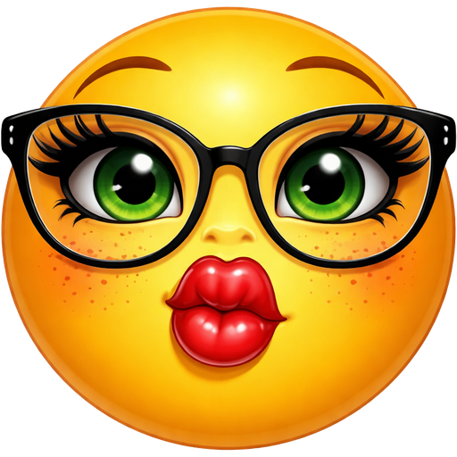 Smiley face emoji with glasses, freckles, add fake lashes, make eye color green, kissy lips with red lip gloss shinny