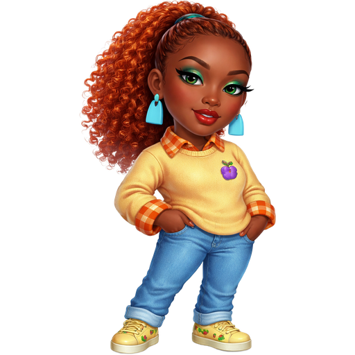 Cherry Blossom with a Dark-Deep Neutral Mahogany Skin Tone with Glamour Lip Shape and a Staggered Eyelash Set Up with a Forest Red Lipstick Look with a Brown Eyes and With Turquoise Blue Eyeshadow and a S-Shaped Eyebrow with a Round Eye Shape and a Oval Face Shape with Orange Curly Afro-Textured Hair in a Pulled Back Ponytail Wearing Pastel Blue Rectangle Earrings Wearing a Orange Long Sleeve Flannel Shirt With a Long Sleeve Yellow Sweater Over it With the Neck-Line being a Light Yellow and the Bottom of the Sweater is also Light Yellow with a Print of a Purple Cherry on the Left side of the Sweater with Rolled up Sleeves and Denim Jeans Wearing Yellow Shoes a Printed Pattern of Green Cherries on it with a Mature Adult Toned Build And Cinematic Radiance with Vivid and Distinct Features with High Visual Textures in a Soft Polished Shine