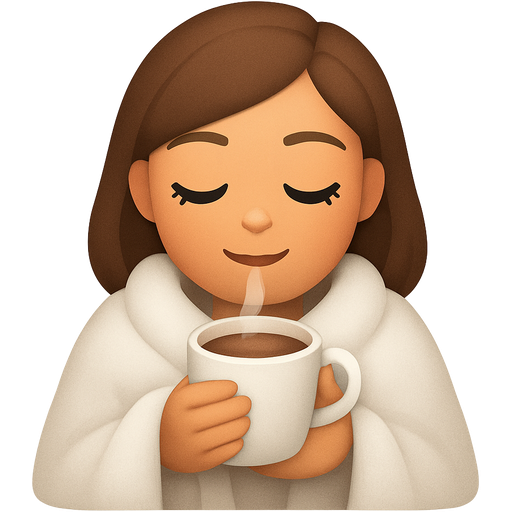 Brown haired girl with a white blanket and sipping hot chocolate in winter light colors and has eyelashes