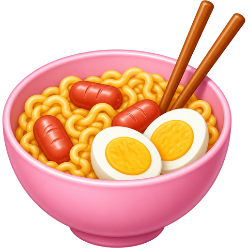 Fais un bol rose avec des nouilles des baguette des mini saucisse dans le bol et un œuf dur coupé en deux dans le bol