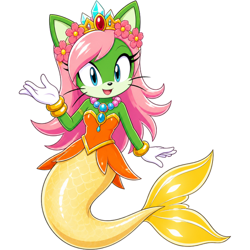 green cat with light pink hair red and flower light cyan crown pink and blue necklace golden and golden bracelets orange dress attached to long light yellow mermaid tail with white highlights with yellow tail fins with white highlights (sonic x anime)