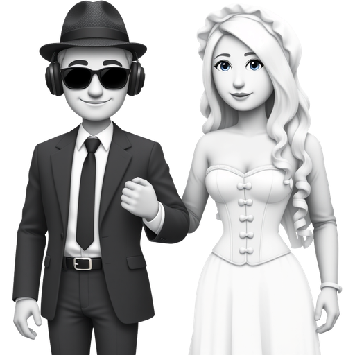Couple holding hands. The person is Chance and appears as a light grey skinned with grey shoulder length hair Robloxian sporting the Black Sparkle Time Fedora. They wear Clockwork Headphones and W Inc. Designer Sunglasses, as well as a black suit and tie to match paired a black belt on. They are smirking. The female with the person holding hands is albino so she is very pale and has very pale long wavy platnium blonde hair she has a side part to the right and a butterfly hair cut. She wears a white corset and a long frilly skirt with bows she doesn’t have any sleeves but white long frilly gloves. She has a white bonnet on, she has light blue eyes. She has a soft shy smile. Chance is taller than the girl.