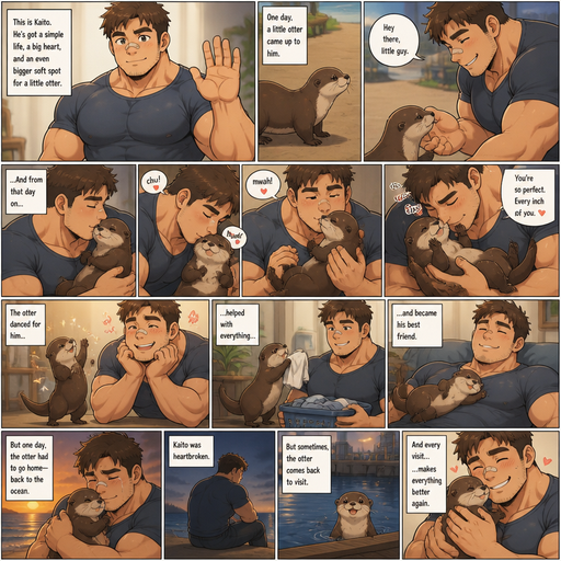 A DETAILED AND LIFELIKE ANIME Comic Book story view of a Bulky but Muscular ANIME Cute Bara Man With Peach toned skin Who looks Normal sincerely d round facial Structure and Basic facial structure With Puffy and Big Pecs that are visible through the shirt and Biceps and Bandaid on his nose and Brown short hair. Wearing normal clothes. And an otter comes up to him and he Kisses every inch of it. And the otter dances for him and helps him with everything but the otter one day had to go home to the ocean and he was sad. But came to visit