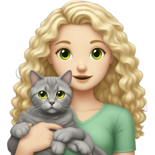 A pale girl with blond long curly hair and green eyes, holding a grey british shorthair cat with orange eyes