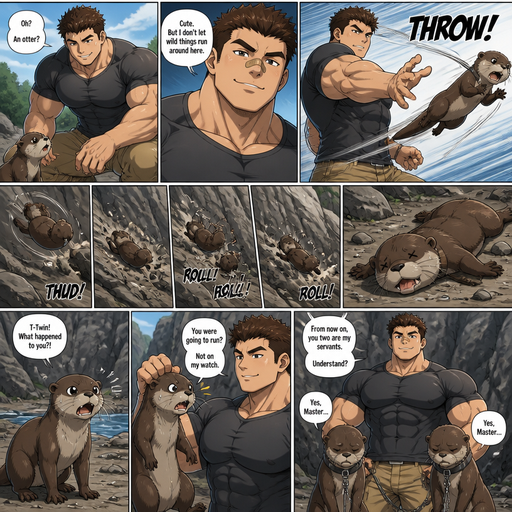 A DETAILED AND LIFELIKE ANIME Comic Book story view of a Bulky but Muscular ANIME Cute Bara Man With Peach toned skin Who looks Normal aind round facial Structure and Basic facial structure With Puffy and Big Pecs that are visible through the shirt and Biceps and Bandaid on his nose and Brown short hair. Wearing normal clothes. An otter and then he throws it at a rock, and it rolls down rocks and lays there unable to move. And the otter’s twin comes and the otter’s twin grabbed Before he could run. And they both Become his servant