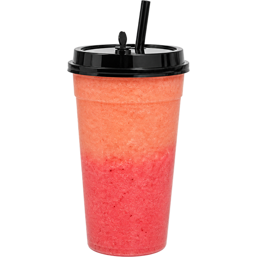 Guava Strawberry Delight Smoothie with a 32oz PP Injection Cup and a Premium Plastic PP Black Lid with an Attached Stopper including a Straw on Top of It Blended with Guava, Strawberries and Coconut Water and It’s Strawberry at the Bottom and Guava at the Top