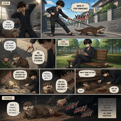 Waking up in the morning in pajamas and his pet otter but Excessively bully’s it. in the neighborhood and the Otter wants to stop and sniff a flower but he yanks the leash and the Otter coughs up Saliva and the otter asks if he can sniff a flower but he’s says no and stop sneezing it gross. But They go to a park and he sits down and reads a book. Then later And he Tips lamp over and Every food the otter doesn’t eat there are is discipline. and asks for some and the looses a tail and tries to run under the couch but stops him. And the otter Receives Discipline that