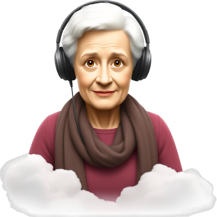 Grandma listening to sicko mode with headphones on floating to heaven with white light over her and clouds. Grandma is glowing