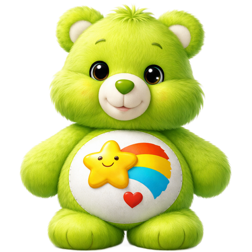 Do-Your-Best Lime Green Care Bear with a Yellow Smiling Shooting Star and the stripes being orange, red and blue and a red heart on its stomach white fur on the inside of its ears and a dark green heart nose