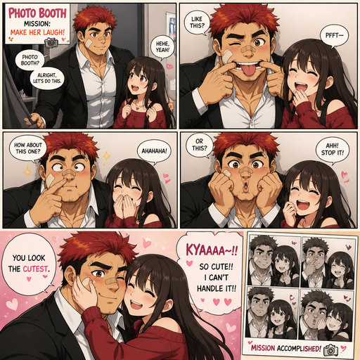 A Full page Anime Comic book story about of a masculine and Bulky ANIME Cute Bara Man American 20 year old with a ROUND and BASIC facial structure and TENAGE BARA CUTE MALE not to detailed With bigger than average Pecs that are visible through the shirt and Biceps and a big Bandaid on his nose and Left Cheek and Right Eye brow. Wearing a no piercings Black suit an White and Pants and Red Hair and Bright Orange Hair Tips and Strait with brown eyes and black eyebrows. Inside a Photos Both and makes funny faces just to see her laugh. And then she says you look the cutest and she squishes his cheek and has cuteness aggression towards him in the Booth.
