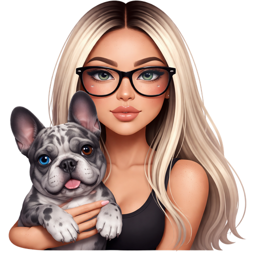 40 year old latina baddie with slim face and not too full lips and a slight bumpy nose round face cheek bones with dark freckles across her nose and almond shaped LIGHT GRAY colored eyes and lashes with fair skin with dark freckles across nose with shiny nose stud in her nose and very long straight icy blonde hair and dark roots parted in the middle and wearing large black glasses wearing a black tank top with a serious face and light pink color nails and holding a gray merle french bulldog that has one blue and one brown eye