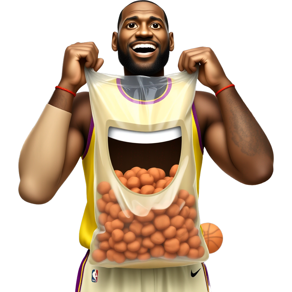 Make LeBron James holding a bag of talkies and his mouth is wide open and there’s basketballs everywhere