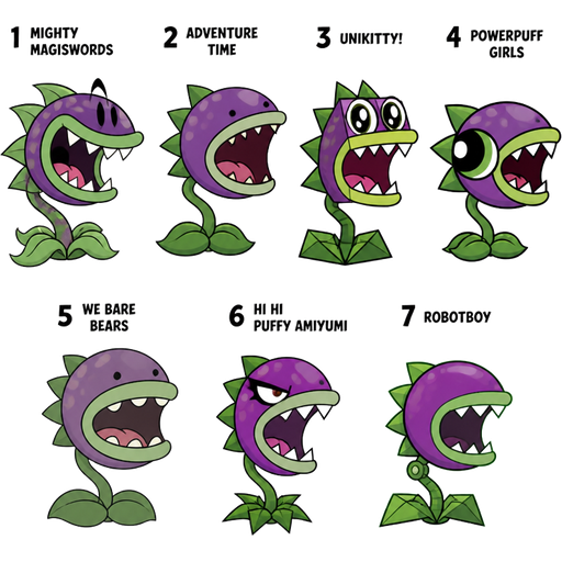 pvz chomper in cartoon network styles 1 mighty magiswords 2 adventure time 3 unikitty! 4 powerpuff girls 5 we bare bears 6 hi hi puffy amiyumi 7 robotboy