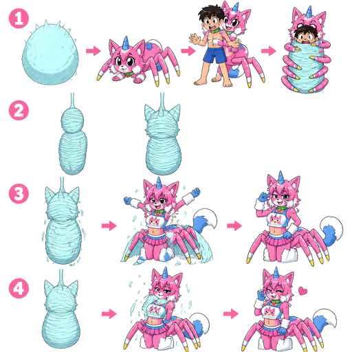 life cycle of anthro femboy pink cat drider with blue and white tail white wrists blue hands white ankles yellow tips on spider legs green collar blue unicorn horn wearing femboy clothing based on unikitty metamorphosis transformation 1st stage #B8FFFF spider eggsac 2nd stage pink spider cat hybrid next to 1 pink spider cat hybrid latching on a kid in blue shorts and 2 wrapping around kid in blue shorts whole body and head with #B8FFFF silk webbing 3rd stage cocoon 1 wrapped up and mummified fully covered in a #B8FFFF spider slik cocoon shaped like kid behind back with #B8FFFF spider slik wrappings completely covered with thick layers non-transparent #B8FFFF spider slik wrappings hanging on #B8FFFF slik wrappings wrapped up and mummified fully covered in a #B8FFFF spider slik cocoon shaped like anthro cat anthro behind back with #B8FFFF spider slik wrappings completely covered with thick layers non-transparent #B8FFFF spider slik wrappings hanging on #B8FFFF slik wrappings 4th stage adult 1 anthro femboy pink cat drider with blue and white tail white wrists blue hands white ankles yellow tips on spider legs green collar blue unicorn horn wearing femboy clothing based on unikitty emerges from its wrapped up and mummified fully covered in a #B8FFFF spider slik cocoon shaped like anthro cat anthro arms behind back with #B8FFFF spider slik wrappings completely covered with thick layers non-transparent #B8FFFF spider slik wrappings hanging on #B8FFFF slik wrappings 2 anthro femboy pink cat drider with blue and white tail white wrists blue hands white ankles yellow tips on spider legs green collar blue unicorn horn wearing femboy clothing based on unikitty with a heart briefly appears