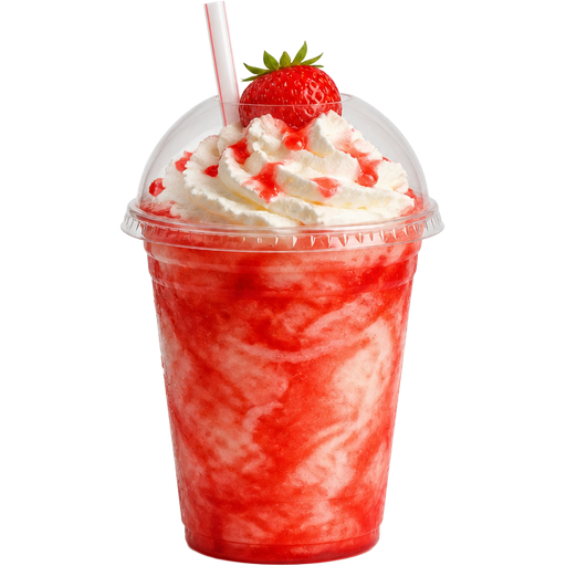 Strawberry Shortcake Soft Shaved Ice Slushie in a Plastic Cup and Plastic Dome Lid with a Straw Mixed in with Extra Syrup with Whipped Cream and a Strawberry on Top