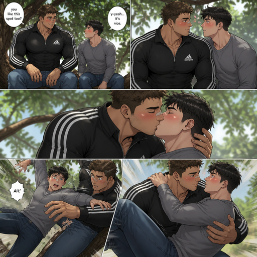 A Real life Full Body anime comic book view of a Chunky but Muscular and more Muscle than Fat ANIME Cute Bara Man Who looks Normal and American with a round facial Structure and Basic facial structure With Puffy and Big Pecs that are visible through the shirt and Biceps and Bandaid on his nose. Wearing an Adidas Soccer Quarter Zip and Jeans. Both Siting on tree with his Crush blushing Both blushing and then kiss. They fall but he catches him heroically
