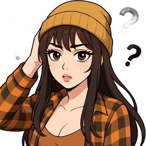 28 year old gorgeous woman long dark brown hair with wispy bangs, extra long eyelashes, with a nose ring on her nostril, full but not too big lips, wearing a yellowish brown beanie, low cut tank top with orange and black unbuttoned flannel shirt scratching her head with question marks around her head making a face like what happened