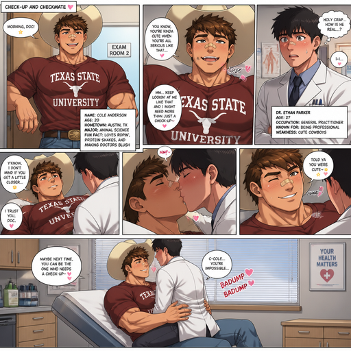 A Very Detailed ANIME comic book story of a Beefy and Bulky and Huge Beefy Pecs and Biceps an Muscularly above average High schooler but Muscular and the Perfect and Slim waist Non-Stocky Build and ANIME Cute Bara Cowboys with Peach toned skin Who looks Normal 20 year old American with a round facial Structure and A Non-detailed Face and Facial Structure and ROUND and BASIC facial structure and No Facial Hair With Puffy and Big Pecs that are visible through the shirt and Biceps and Bandaid on his nose with Spikey short Hair. And wearing a baggy College spirit shirt and goes to the doctor and and flirts looking Dreamy and cute and licking his Teeth. And makes his male doctor blush cause of how perfect he is. And his Male doctor leans over him sitting on the bed and He Kisses him and he smiles and winks at the doctor and the doctor sits on his lap