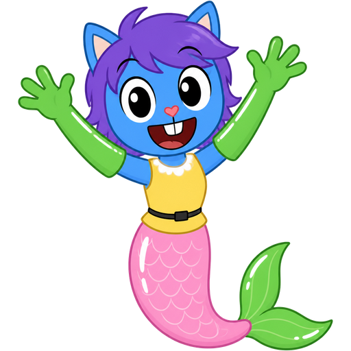 blue boy cat furry with purple hair and green very long rubber gloves yellow dress tucked in light pink mermaid tail with white highlights with green tail fins (happy tree friends)