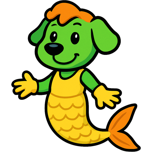 green dog with orange hair yellow gloves with orange fins yellow dress attached to yellow mermaid tail with orange fins
