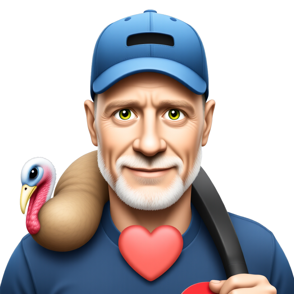 A balding, green eyed pickleball player with a short stubbly white beard, wearing a blue ball cap, with a large turkey visible over his shoulder, a valentine heart on his chest, and a pickleball paddle in the other hand