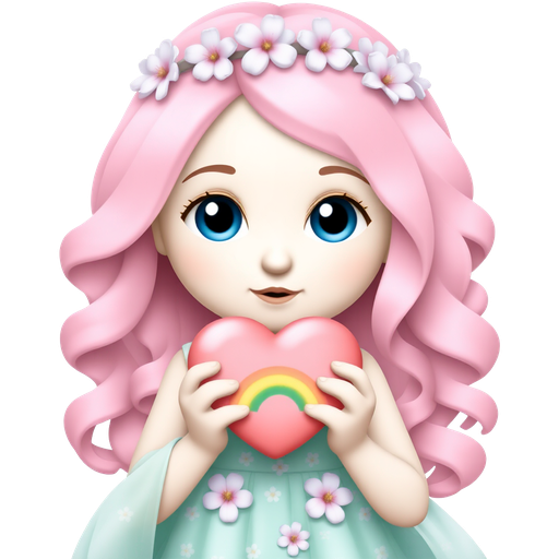 A whimsical woman with shimmering pastel blue eyes, adorned in a flowing mint green dress covered in delicate cherry blossoms. Her hair cascades in soft pink waves, topped with a dainty lilac flower crown. She holds a pastel rainbow heart, radiating gentle, dreamy vibes. πΈππ