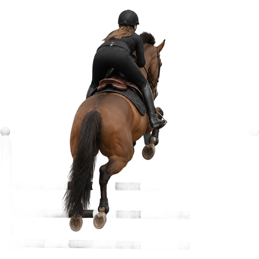 A girl on a brown horse the horse has a saddle pad and a saddle on top and the girl is wearing all black riding gear they are jumping over a jump, and you see the back view