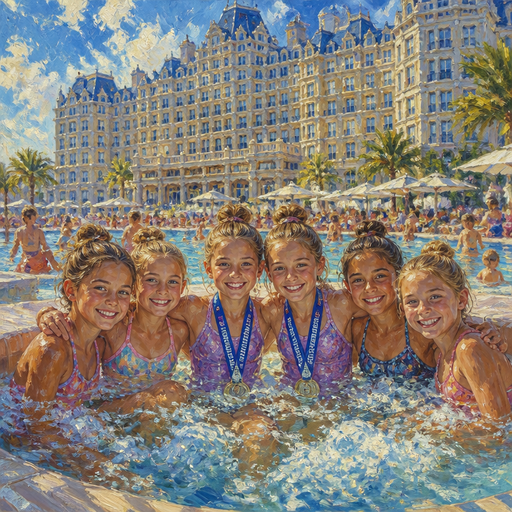 give me two 10 year-old twin daughters and their friends are sitting in a Jacuzzi after nationals and they’re in front of a big big big big big hotel in the pool is crowded with the sunny view