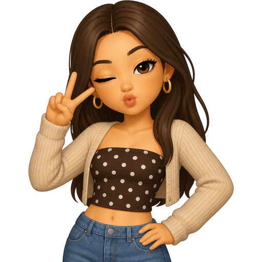 A pick me modern anime middle schooler who thinks their cool , peach skin tone a little tan wearing a polka dot tube top and jeans with a cropped beige cardigan and small hoop earrings make her brunette