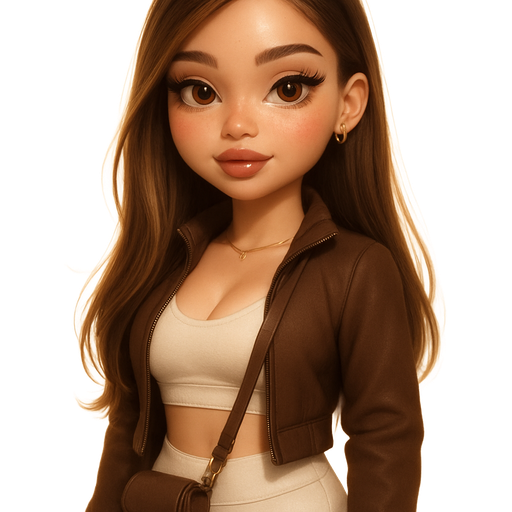 full head in view: semi-realistic soft cartoon luxury glam, mini plush Bratz-doll aesthetic, cinematic glow, crisp clean detail, glossy glam skin. brown eyed Petite 5ft girl, fair skin with soft freckles, wide face with tall forehead, honey-brown almond wide-set upturned eyes, fluttery lashes, shimmer highlight, plush lips, sweet Belle-princess vibe, long straight brunette hair with visible light blonde highlights, side-part hair swept to the side over shoulder softly defined feminine body, full round bust, wearing ivory Lululemon bralette, brown tight athletic zipped nylon jacket, matching ivory leggings, beige Air Force 1 sneakers, tiny mocha bag across body, dainty gold jewelry. Cozy romantic glow, soft warm lighting, pop-princess energy