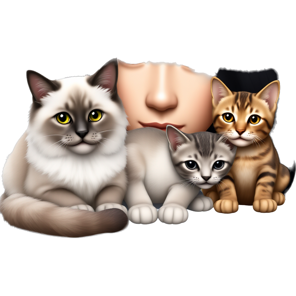 A Asian woman with long straight black hair and green eyes,she have a beautiful ragdoll cat and two bengal cats