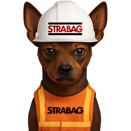 Hellbrauner Zwergpinscher stehende Ohren mit Bauhelm in weiß mit roter Strabag Aufschrift und über und oberhalb der Strabag Schrift einen schwarzen Balken hinzufügen auf dem Kopf und er hat eine orangene warnweste an ebenso mit der Aufschrift