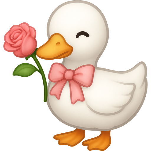 White duck with light orange beak and flippers with with her bitting on a light oink rose and a light pink bow around her neck