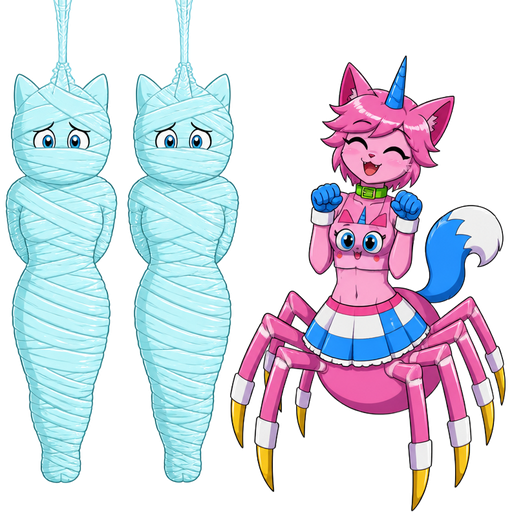 unikitty version wrapped up and mummified fully covered in a #B8FFFF spider slik cocoon shaped like anthro female cat anthro worried arms behind back with #B8FFFF spider slik wrappings completely covered with thick layers non-transparent #B8FFFF spider slik wrappings hanged to the ceiling on the left side next to wrapped up and mummified fully covered in a #B8FFFF spider slik cocoon shaped like anthro female cat anthro worried arms behind back with #B8FFFF spider slik wrappings completely covered with thick layers non-transparent #B8FFFF spider slik wrappings hanged to the ceiling the left side next to happy anthro femboy pink cat drider with blue and white tail white wrists blue hands white ankles yellow tips on spider legs green collar blue unicorn horn wearing femboy clothing based on unikitty